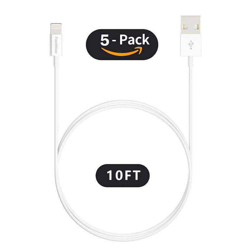  [AUSTRALIA] - iPhone Charger Fast Charging[Apple MFi Certified] 5pack 10FT Long Lightning Cable Fast High Speed Data Sync iPhone Charger Cord for iPhone 14/13/12/11 Pro Max/XS MAX/XR/XS/X/8/7/Plus airpods (White) 10FT*5