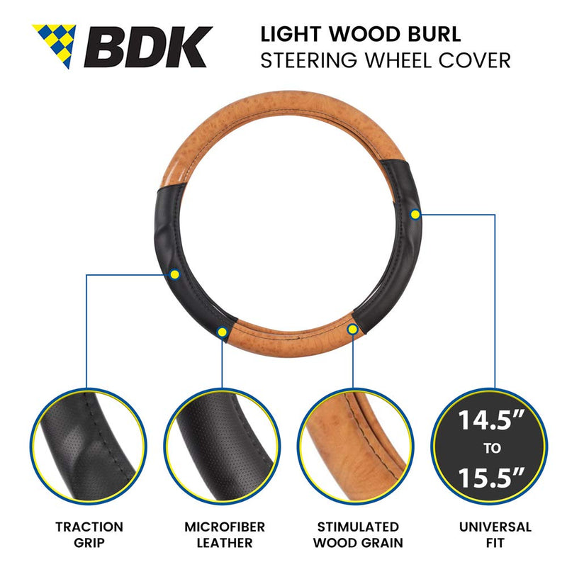  [AUSTRALIA] - BDK ACDelco 2 Tone - Black/Light Wood Grain Soft Microfiber Leather Steering Wheel Cover for Standard Sizes 14.5 15 15.5 2 Tone - Black / Light Wood