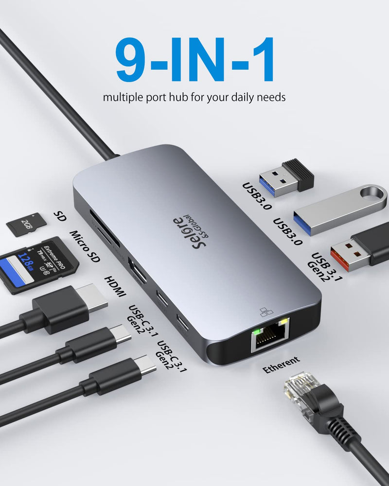  [AUSTRALIA] - USB C Adapters for MacBook Pro/Air, Selore 9 in 1 USB C Hub with 4K HDMI, 1Gbps Ethernet, 2*USB-C 3.1 GEN2, USB 3.1 10Gbps Data Ports, 2*USB 3.0 and SD/TF Slots, for MacBook Air/Pro, XPS, and More