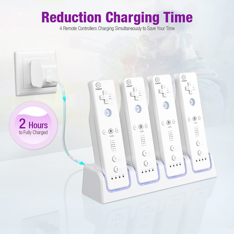  [AUSTRALIA] - Wii Controller Charger, 4-in-1 Wii Remote Charging Station for Wii Remote Controller Charger with 4 Pack 2800mAh Rechargeable Battery for Game Wii Controller (White, Controller Not Include)