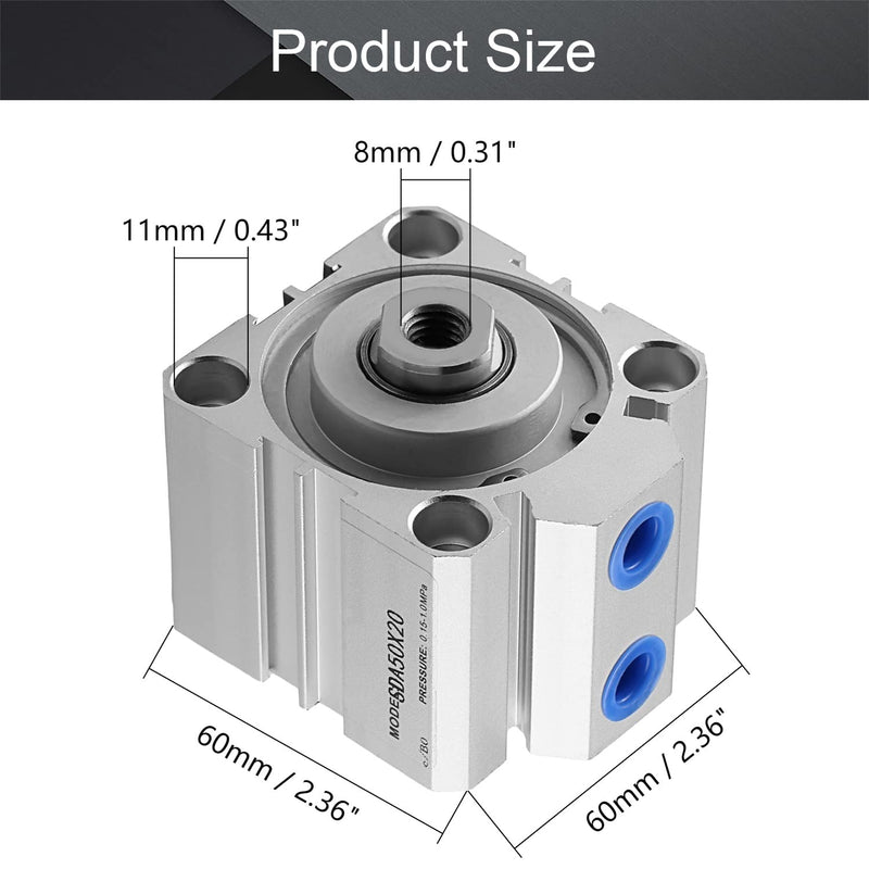  [AUSTRALIA] - Othmro SDA50 x 20 Sealing Thin Air Cylinder Pneumatic Air Cylinders, 50mm/1.97inch Bore 20mm/0.79inch Stroke Aluminium Alloy Pneumatic Components for Pneumatic and Hydraulic Systems 1pcs SDA50x20