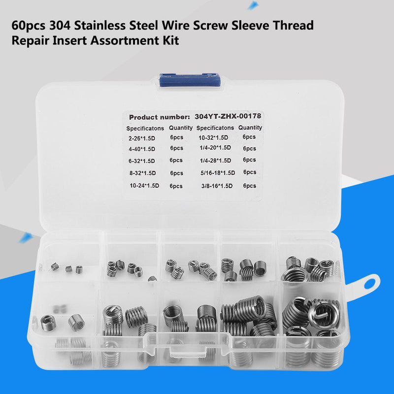  [AUSTRALIA] - 60pcs Thread Insert Kit 304 Stainless Steel Wire Screw Sleeve Thread Repair Insert Assortment Kit