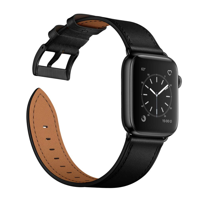 OUHENG Compatible with Apple Watch Band 40mm 38mm, Genuine Leather Band Replacement Strap Compatible with Apple Watch Series 6/5/4/3/2/1/SE, Black Band with Black Adapter Black/Black 38mm/40mm - LeoForward Australia