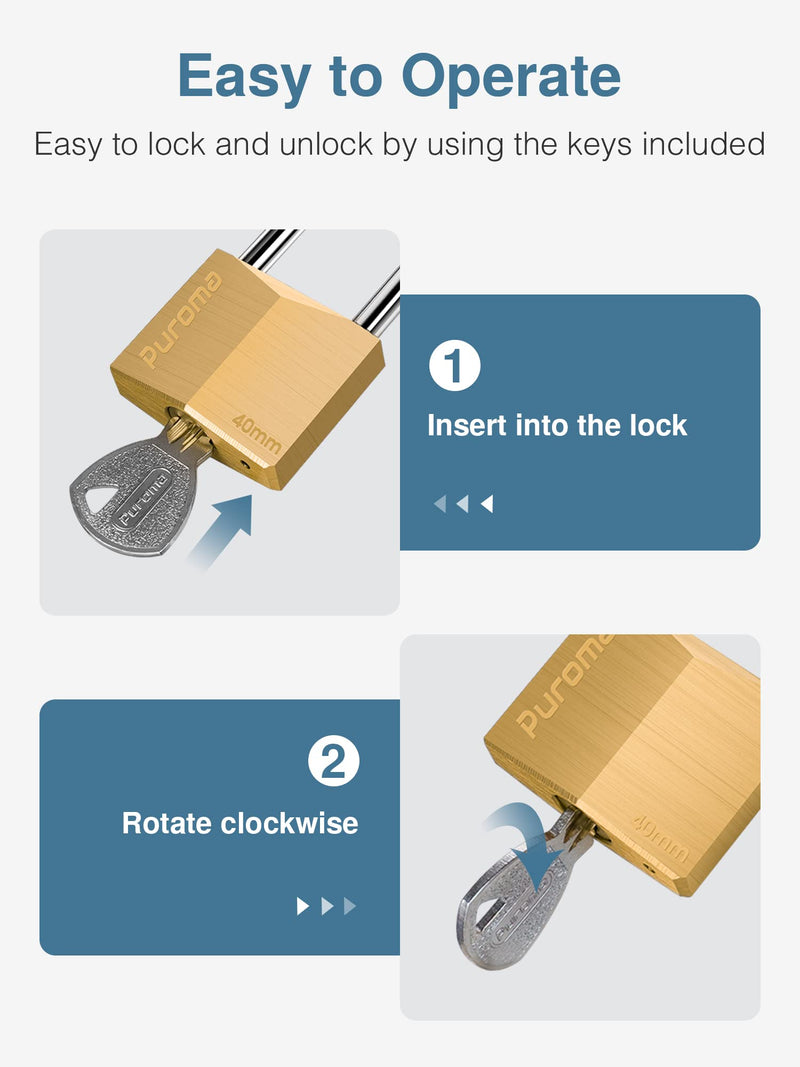  [AUSTRALIA] - Puroma 2 Pack Keyed Padlock Waterproof Solid Brass Lock, 2.6 Inch Long Shackle for Sheds, Storage Unit School Gym Locker, Fence, Toolbox, Hasp Storage