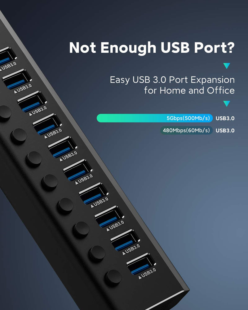 Powered USB Hub 3.0 ikuai Aluminum 10 Port USB 3.0 Data Hub Splitter with 12V/3A 36W Power Adapter and Individual On/Off Switches for Desktop PC Laptop and More - LeoForward Australia