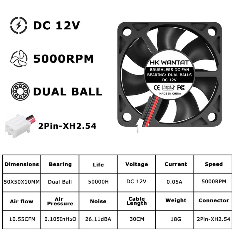  [AUSTRALIA] - 3Pcs HKWANTAT Dual Ball Bearings Brushless DC Cooling 50mm Fan 12v 5010 50x50x10mm 2-Pin Fan-12V-Ball