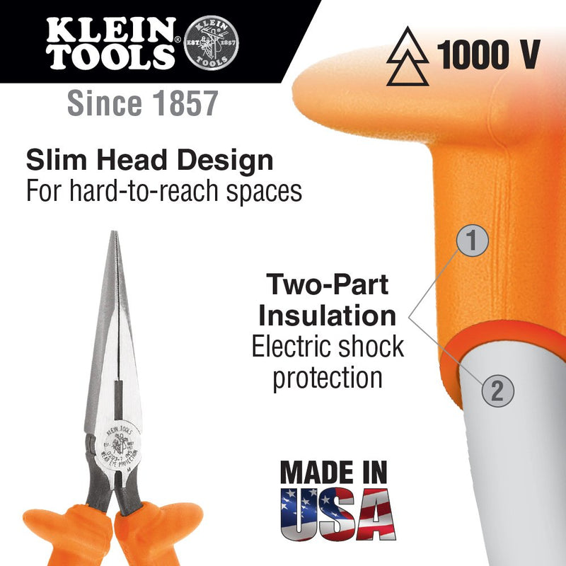 Klein Tools D203-6-INS Long Nose Pliers with Curved Handles, Forged Steel Knives and Dual Layer Insulation with Hand Guards 6-Inch Standard - LeoForward Australia