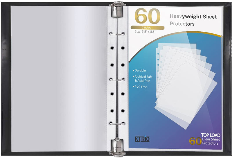  [AUSTRALIA] - KTRIO Heavyweight Sheet Protectors for Mini 3 Ring Binder Clear Page Protector, 5.5 x 8.5 inch Plastic Sleeves for Small Binders, Paper Protector 7 Hole Top Loading, 60 Pack