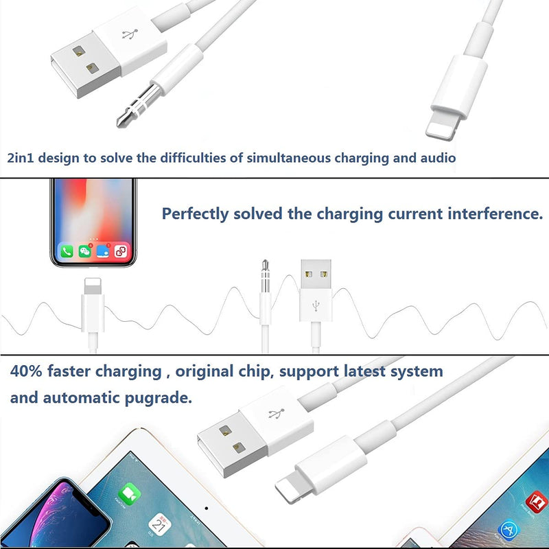  [AUSTRALIA] - [Upgraded] Aux Cord for iPhone, Lightning to 3.5mm Aux Cord 2in1 Audio Charging Cable Compatible with iPhone 13 12 11 XS XR X iPad All iOS Version, Supports Car Stereo/Speakers/Headphone 3.94Ft White