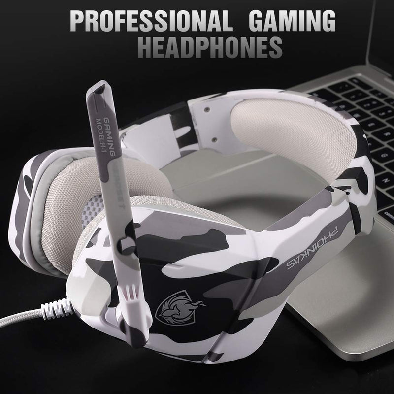  [AUSTRALIA] - Gaming Headset for PS4, Xbox One, PC, Laptop, Mac, Nintendo Switch, PHOINIKAS 3.5MM PS4 Headset with Mic, Over Ear Headset, Noise-Cancelling Headset, Bass Surround, LED Light, Comfort Earmuff - Camo 5.1 Surround White Camo