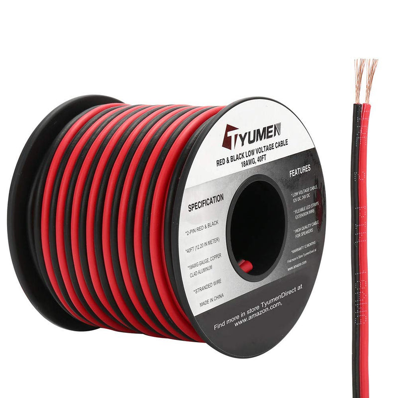  [AUSTRALIA] - TYUMEN 40FT 18 Gauge 2pin 2 Color Red Black Cable Hookup Electrical Wire LED Strips Extension Wire 12V/24V DC Cable, 18AWG Flexible Wire Extension Cord for LED Ribbon Lamp Tape Lighting