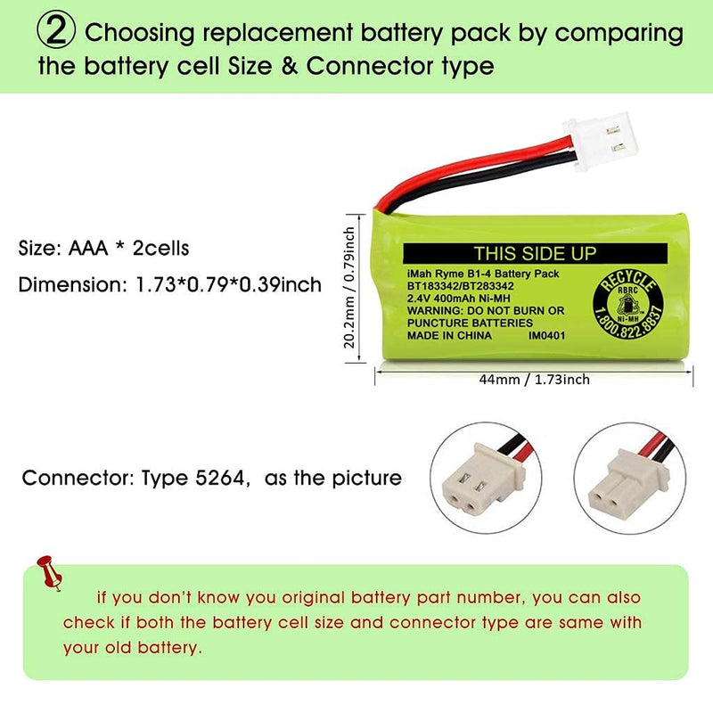  [AUSTRALIA] - iMah BT183342/BT283342 2.4V 400mAh Ni-MH Battery Pack, Also Compatible with AT&T VTech Cordless Phone Batteries BT166342/BT266342 BT162342/BT262342 2SN-AAA40H-S-X2, Pack of 2