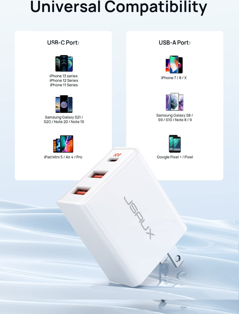  [AUSTRALIA] - iPhone Charger Block 32W Fast Charging, JSAUX USB-C Wall Charger [3-Port 20W+12W] Type C Charger with 20W USB-C Port & Dual 12W USB-A Ports for iPhone 14 Pro Max/13/12/11/XR/XS/8 Plus/7/6S/SE 2022 etc WHITE