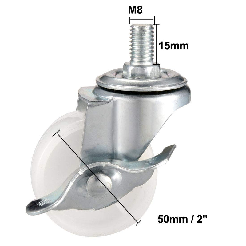  [AUSTRALIA] - uxcell 2 Inch Swivel Caster Wheels PP 360 Degree Threaded Stem Caster Wheel M8 x 15mm, 198lb Total Load Capacity, Pack of 4(2 Brake,2 No Brake)