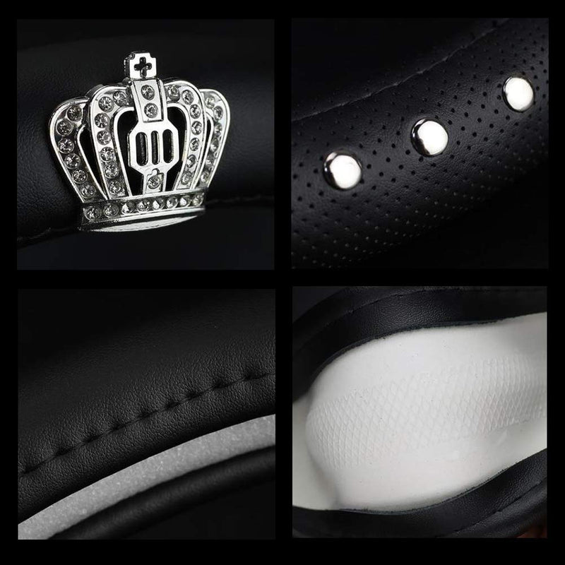  [AUSTRALIA] - ALVAZA Genuine Leather Car Steering Wheel Cover with Decorative Rivet and Bling Crystal Rhinestone Crown for Vehicles SUV, Breathable, Anti-Slip,Universal 15 Inch (Black) black