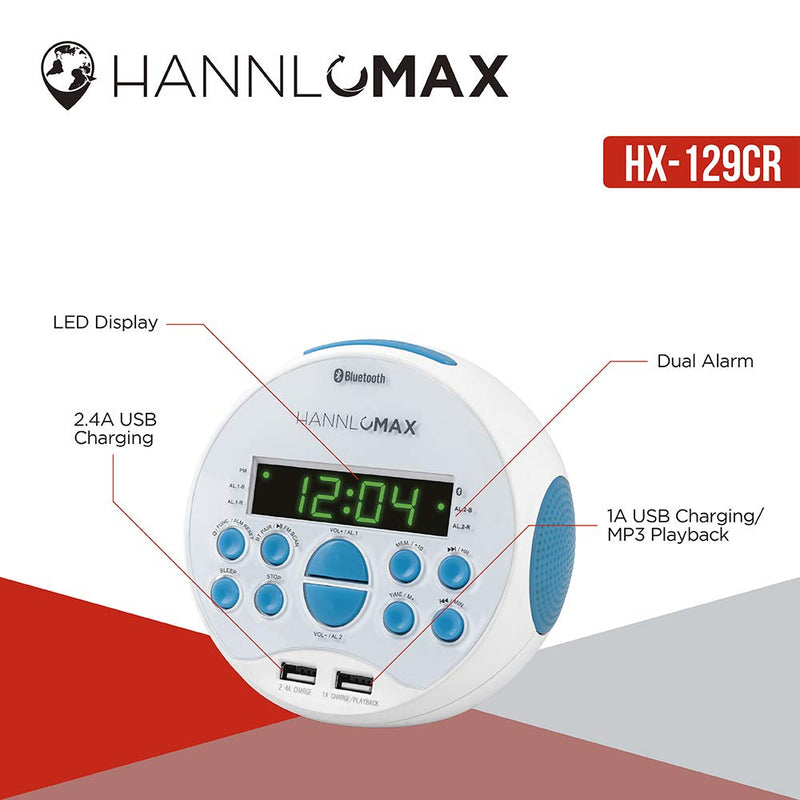 HANNLOMAX HX-129CR Alarm Clock Radio. PLL FM Radio, 0.6" Green LED Display, Bluetooth, USB Ports for 2.4A & 1A Charging/MP3 Playback (White) - LeoForward Australia