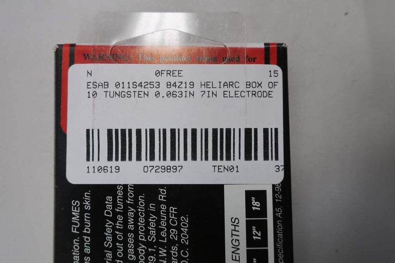  [AUSTRALIA] - Box of 10 ESAB 011S4253 84Z19 HELIARC Tungsten Electrode 1/16IN X 7IN