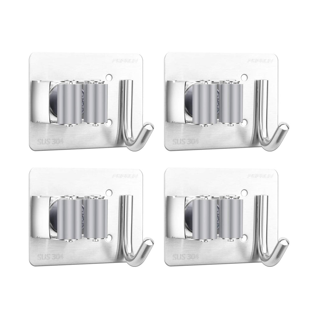  [AUSTRALIA] - POPRUN Broom Mop Holder Set of 4 - Wall Mounted Stainless Steel Tool Organizer with 1 Rack 1 Hook for Garden, Garage or Bathroom Organization and Storage, Grey