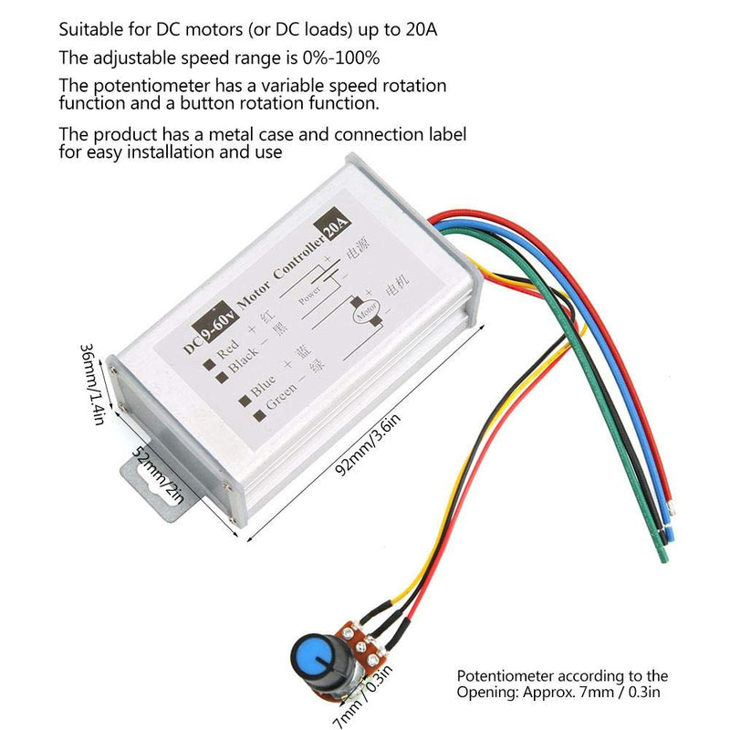  [AUSTRALIA] - DC Motor Speed Controller, Brushed Motor Driver Controller Module 20A DC 9V 12V 24V 36V 48V 60V Motor without reverse rotation