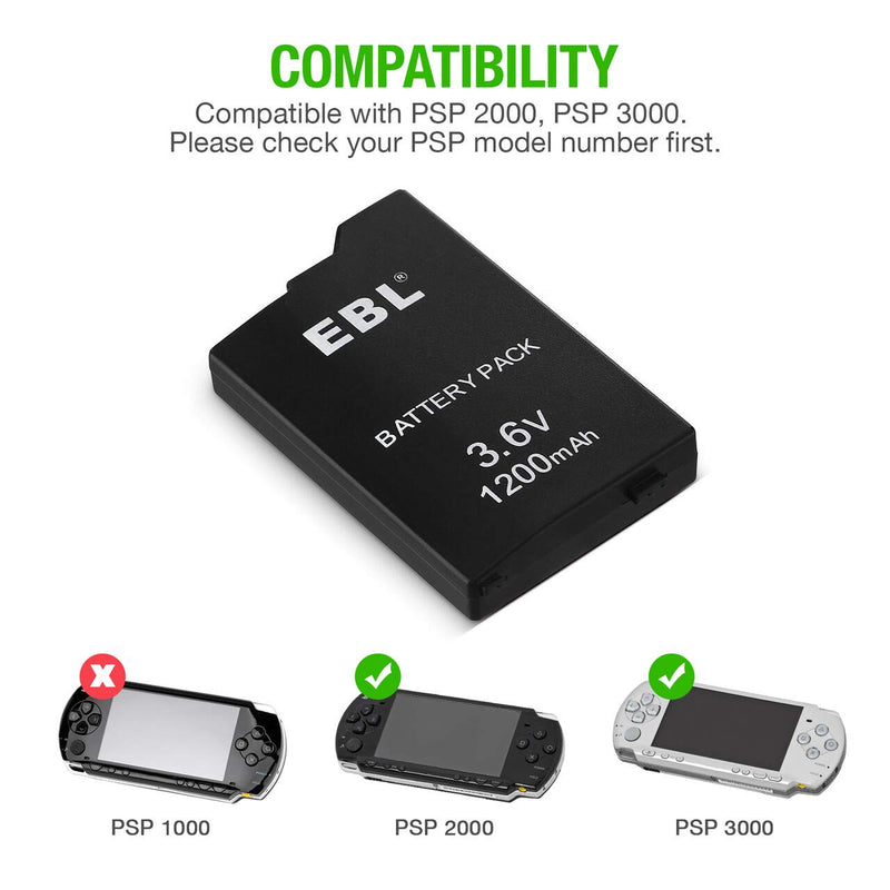  [AUSTRALIA] - EBL 3.6V Lithium Ion Rechargeable Battery Pack 1200mAh Replacement Battery Compatible with Sony PSP 2000/3000 PSP-S110 Console 1200mAh For PSP 2000 3000