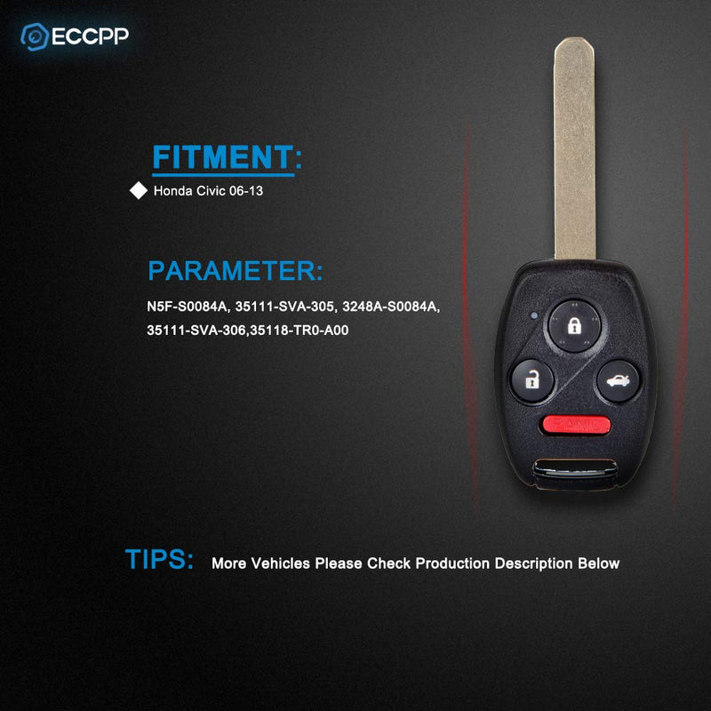  [AUSTRALIA] - ECCPP Replacement fit for Uncut 313.8MHz Keyless Entry Remote Car Key Fob Transmitter Honda Civic 06-2013 N5F-S0084A (Pack of 1)
