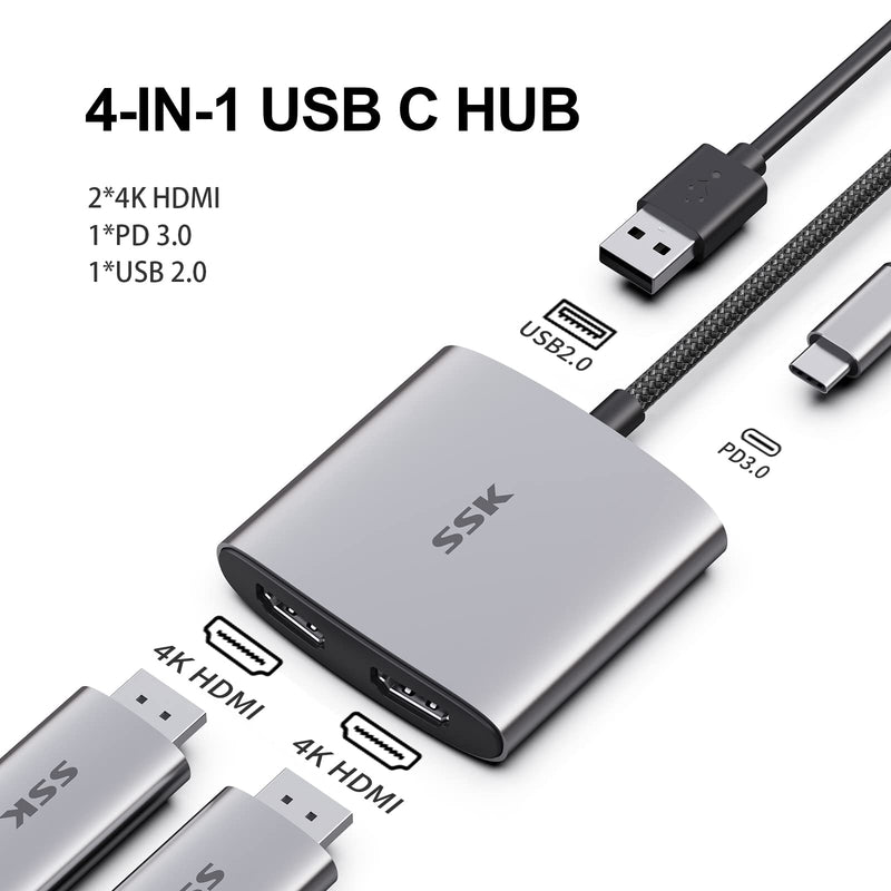  [AUSTRALIA] - SSK USB C to Dual HDMI Adapter 4K/60Hz,4 in 1 Laptop HDMI Splitter for Multi Monitors Adapter with 2 HDMI 4K,100W PD,USB 2.0 Port for MacBook Pro,Air,Lenovo,Dell,HP [Compatible with Thunderbolt 3] 4 in 1