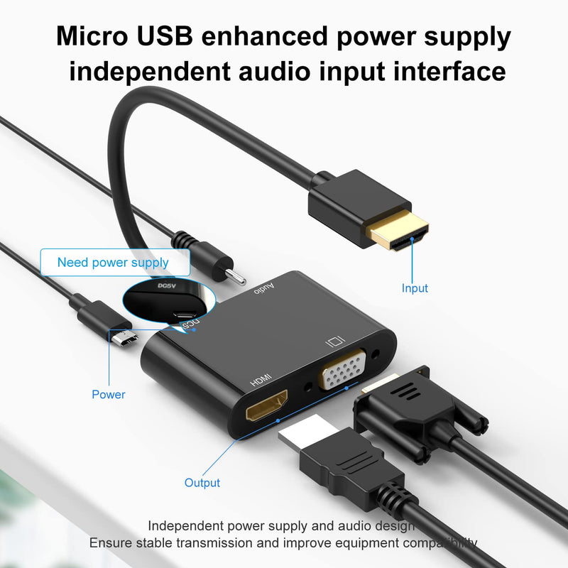  [AUSTRALIA] - HDMI to VGA HDMI Adapter, Dual Display 4K HDMI to HDMI VGA Splitter Converter with Charging Cable and 3.5mm Audio Cable for PC, Laptop, Ultrabook, Raspberry Pi, Chromebook and More