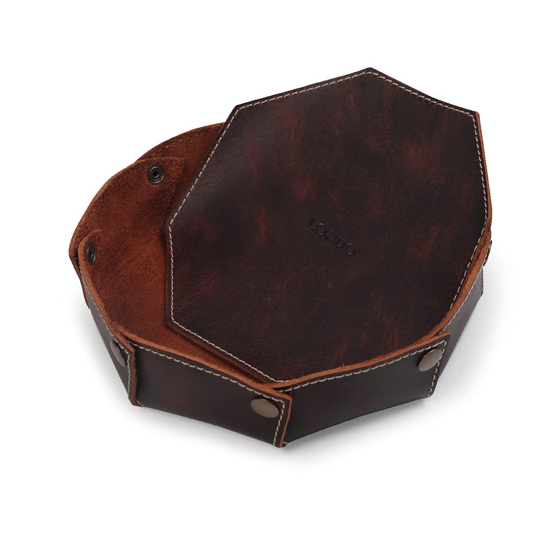  [AUSTRALIA] - LONDO Genuine Leather Round Tray Organizer - Practical Storage Box for Wallets, Watches, Keys, Coins, Cell Phones and Office Equipment (Brown) Brown