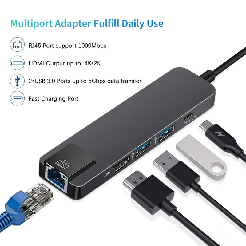 USB C Hub, USB C to Ethernet HDMI USB Adapter with 1000Mbps Ethernet Port, 4K HDMI, 2 USB 3.0 and USB 3.1 Charging Ports, Compatible with MacBook/Pro/Air, Android Phone, Laptops, Tablet and etc - LeoForward Australia