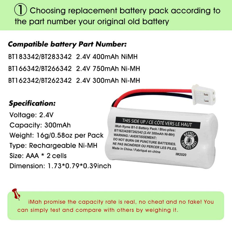  [AUSTRALIA] - iMah BT162342/BT262342 2.4V 300mAh Ni-MH Cordless Phone Battery Pack, Also Compatible with BT183342/BT283342 AT&T EL52351 TL90070 VTech CS5119 DS6511 DS6722 LS6305 Handset, 4-Pack