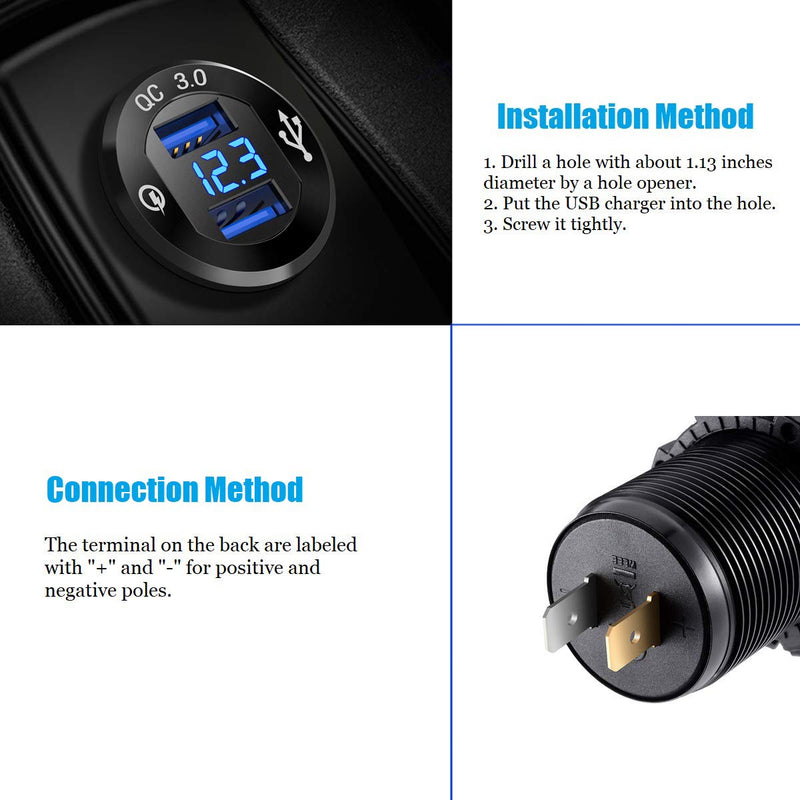  [AUSTRALIA] - YONHAN 12V USB Outlet Quick Charge 3.0 Dual USB Charger Socket, USB Cigarette Lighter Socket with LED Voltmeter, Waterproof Aluminum Car Charger Adapter DIY Kit for Car Marine Truck Golf Cart RV, etc. Blue