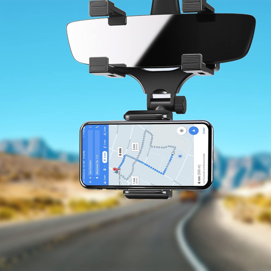  [AUSTRALIA] - Car Rear View Mirror Phone Mount, Universal 360° Rotation Expandable Car Phone Holder Cradle for Most Mobile Phone Devices iPhone 13/13 Pro/12/11/XS/XR/8 Plus, Samsung Galaxy, GPS Google Map