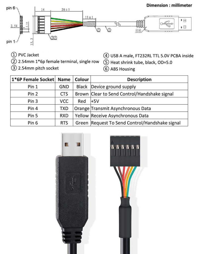 DTECH FTDI USB to TTL Serial 5V Adapter Cable 6 Pin 0.1 inch Pitch Female Socket Header UART IC FT232RL Chip Windows 10 8 7 Linux MAC OS (6ft, Black) 6ft/1.8m - LeoForward Australia