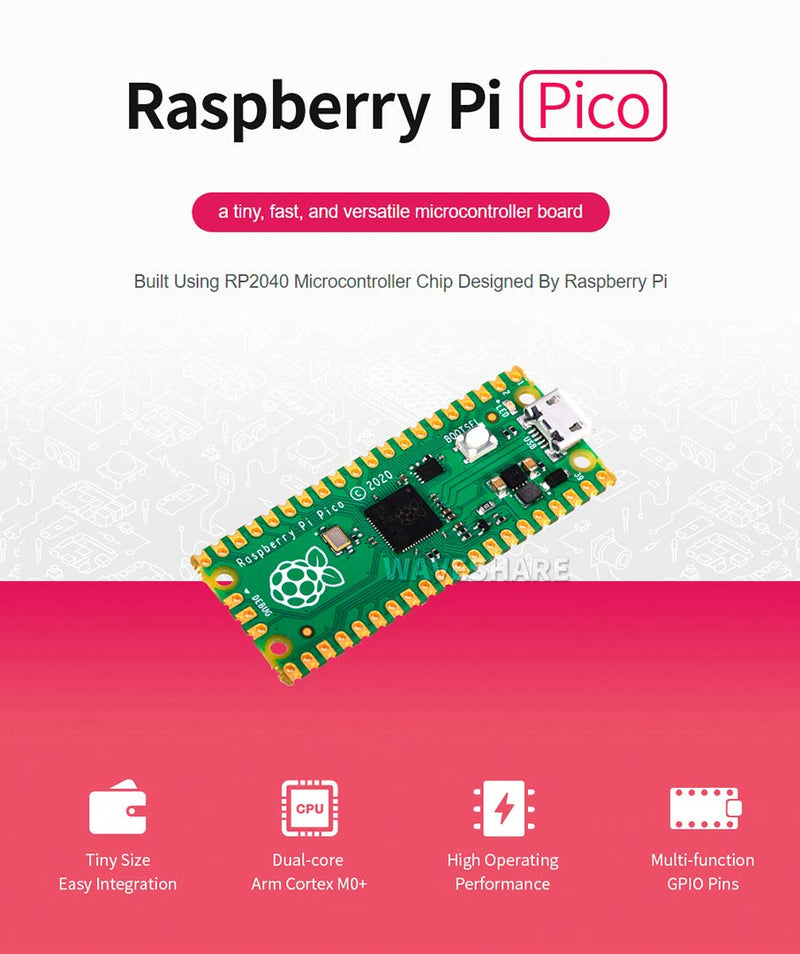  [AUSTRALIA] - waveshare Raspberry Pi Pico with Pre-Soldered Pin Header Microcontroller Board, RP2040 Chip,Dual-Core ARM Cortex M0+ Processor, Flexible Clock Running up to 133 MHz Support C/C++,MicroPython
