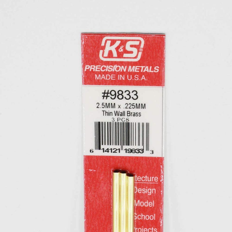 K&S Precision Metals 9833 Thin Wall Brass Tube, 2.5mm O.D. X .225mm Wall Thickness X 300mm Long, 3 Pieces per Pack, Made in The USA, Model Number: KS9833 - LeoForward Australia
