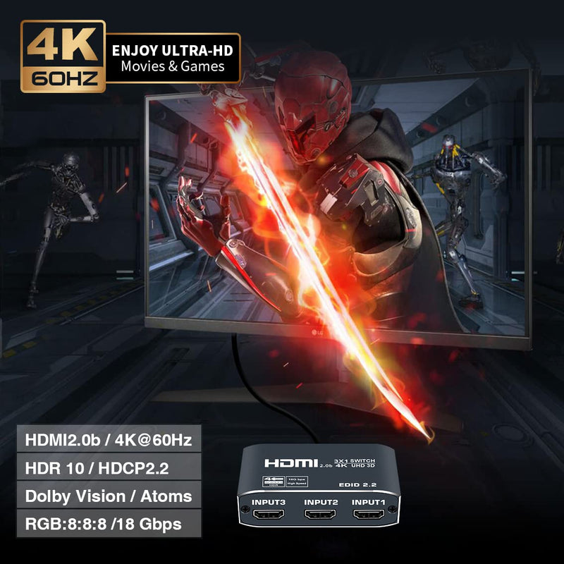  [AUSTRALIA] - 4K@60Hz HDMI Switch 3 in 1 Out Aluminum Alloy【with 4FT HDMI 2.0 Cable】, avedio links 3x1 HDMI Multi Port Switch, 3 Way HDMI Selector Switcher Support HDCP 2.2, HDR 10, for Fire TV Stick, PS5, PS4
