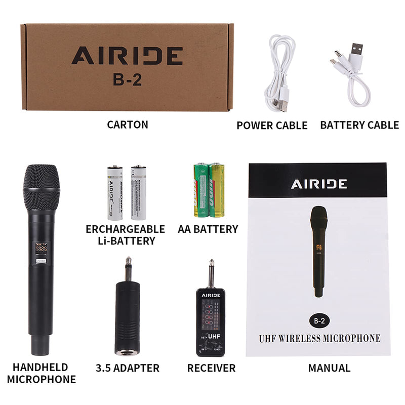  [AUSTRALIA] - AIRIDE Portable UHF Wireless Microphone System with Metal Cordless Handheld Mic and Rechargeable Battery for Karaoke, PA, Mixer, DJ