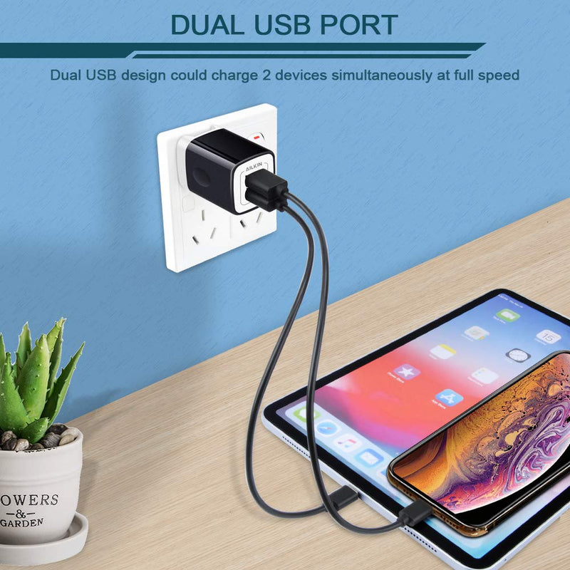  [AUSTRALIA] - Travel USB Wall Charger, AILKIN 2.4A/2Pack Dual Foldable USB Plug, Dual Port Small Charger Cube USB Box Charger Base Power Outlet Block for Smart Cell Phone XR XS XS MAX Fast Charging Box-Black Black