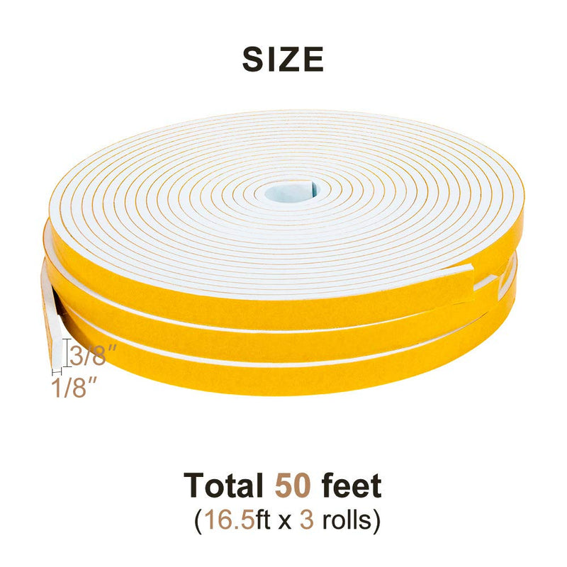  [AUSTRALIA] - Yotache White Doors Windows Weather Stripping 3 Rolls 3/8 Inch Wide X 1/8 Inch Thick, Foam Insulation Sealing Gasket Tape for Doors, Sliding Door, Total 50 Feet Long (3 X 16.5 Ft Each) 3/8" W x 1/8" T