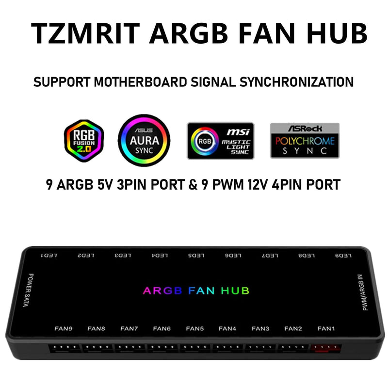  [AUSTRALIA] - ARGB PWM Fan Hub, Addressable 5V 3Pin ARGB & 12V 4Pin PWM 2-in-1 RGB Case Fan Hub with Hidden Magnetic Base and SATA Power 18 Port, Support 9 Computer CPU Fans Splitter