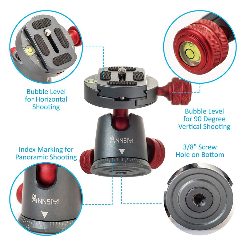  [AUSTRALIA] - ANNSM Tripod Ball Head Mount 360 Degree Swivel with 1/4 inch QR Plate and U-Shape Notch for 90 Degree Vertical Shooting with Bubble Levels for DSLR Camera /Tripod/ Monopod/Camcorder/Slider/Dolly BH200 Pro Ball Head