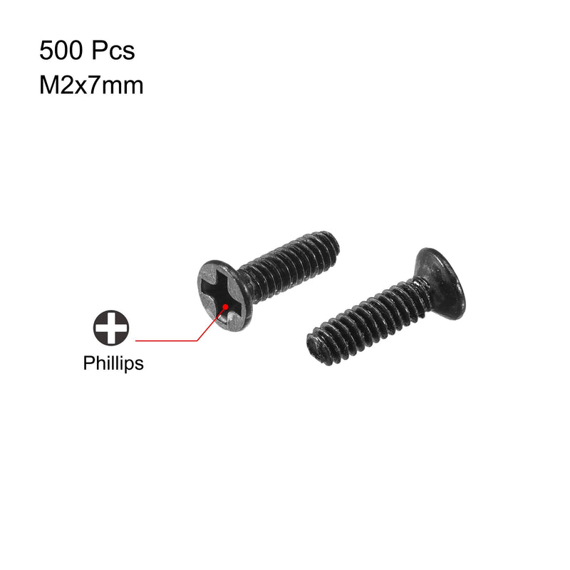  [AUSTRALIA] - uxcell M2 x 7mm Phillips Screws Fastener Black for Laptop PC TV Fan Switch 500pcs