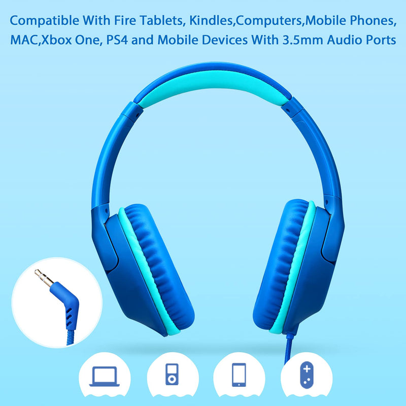  [AUSTRALIA] - POWMEE P20 Kids Headphones Over-Ear Headphones for Kids/Teens/Boys/Girls/School with 94dB Volume Limited Adjustable Stereo Tangle-Free 3.5MM Jack Wire Cord for Fire Tablets/Travel/PC/Phones(Blue)