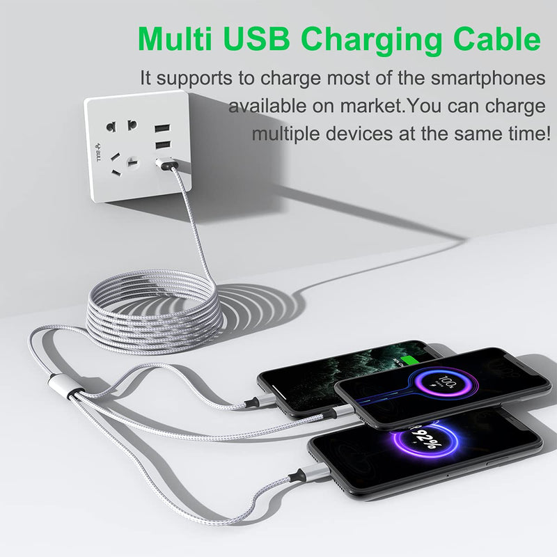 [AUSTRALIA] - Multi 3 in 1 USB Long iPhone Charging Cable, 1.8M/5.9Ft Nylon Braided Universal Phone Charger Cord USB C/Micro USB/Lightning Connector Adapter for Android/Apple/Samsung/LG/Pixel/Huawei/XiaoMi(Gray) 1.8M Gray