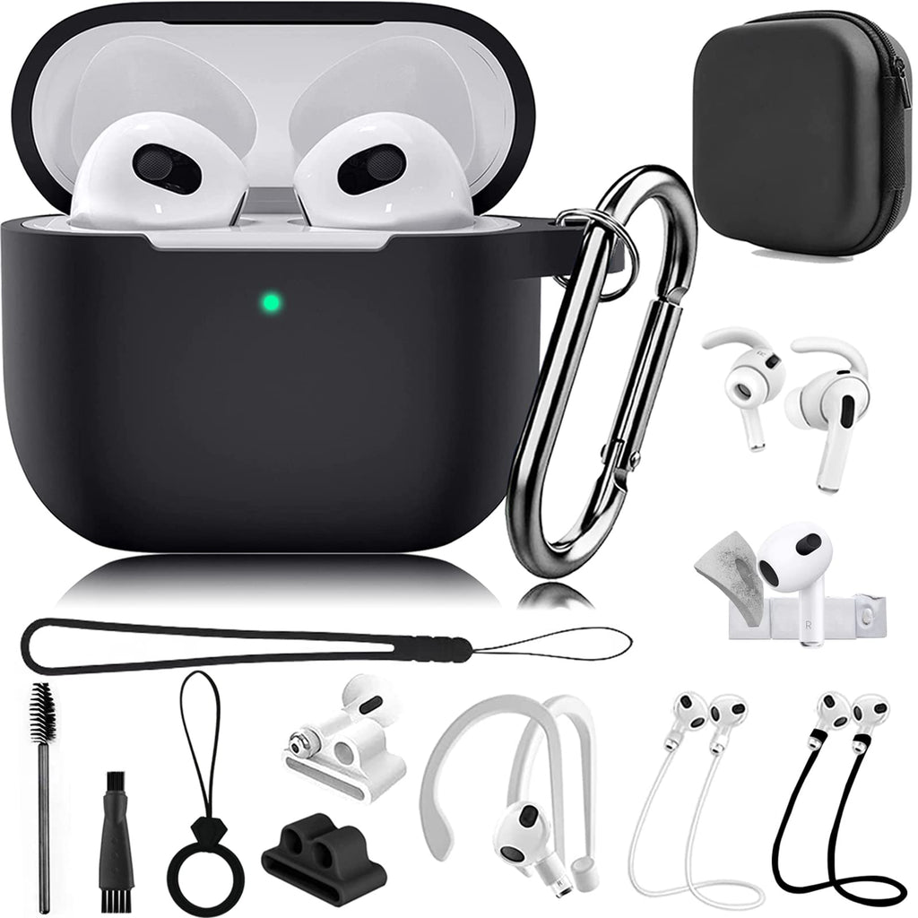  [AUSTRALIA] - 14 in 1 for AirPods 3 Case Accessories Set Kit for AirPods 3 Generation Case Cover Silicone 2021, Protective Case for Apple AirPod Gen 3 3rd Charging Case with Ear Cover/Clean Putty/Carry Box/Strap Black