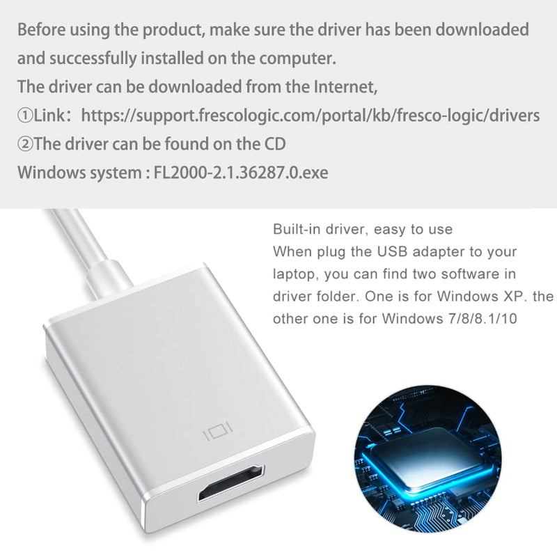  [AUSTRALIA] - USB to HDMI Adapter,USB 3.0/2.0 to HDMI Cable Multi-Display Video Converter- PC Laptop Windows 7 8 10,Desktop, Laptop, PC, Monitor, Projector, HDTV.[Not Support Chromebook] Silver