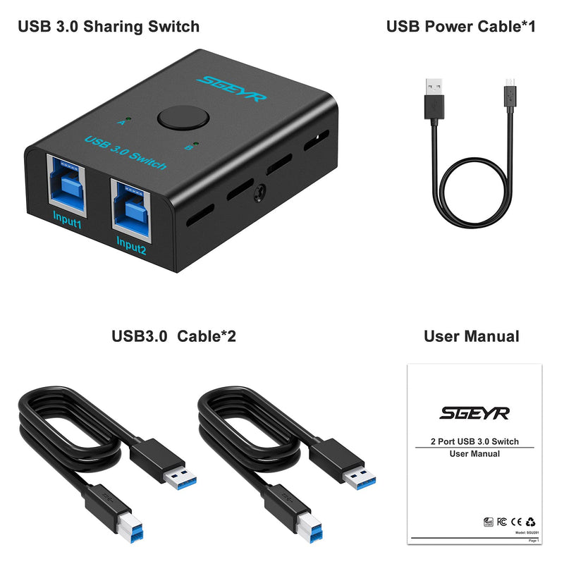  [AUSTRALIA] - SGEYR USB 3.0 Switch, 2 in 1 Out USB Switcher Selector for 2 Computers Share 1 USB Devices, Mouse, Keyboard, Scanner, Printer, Etc