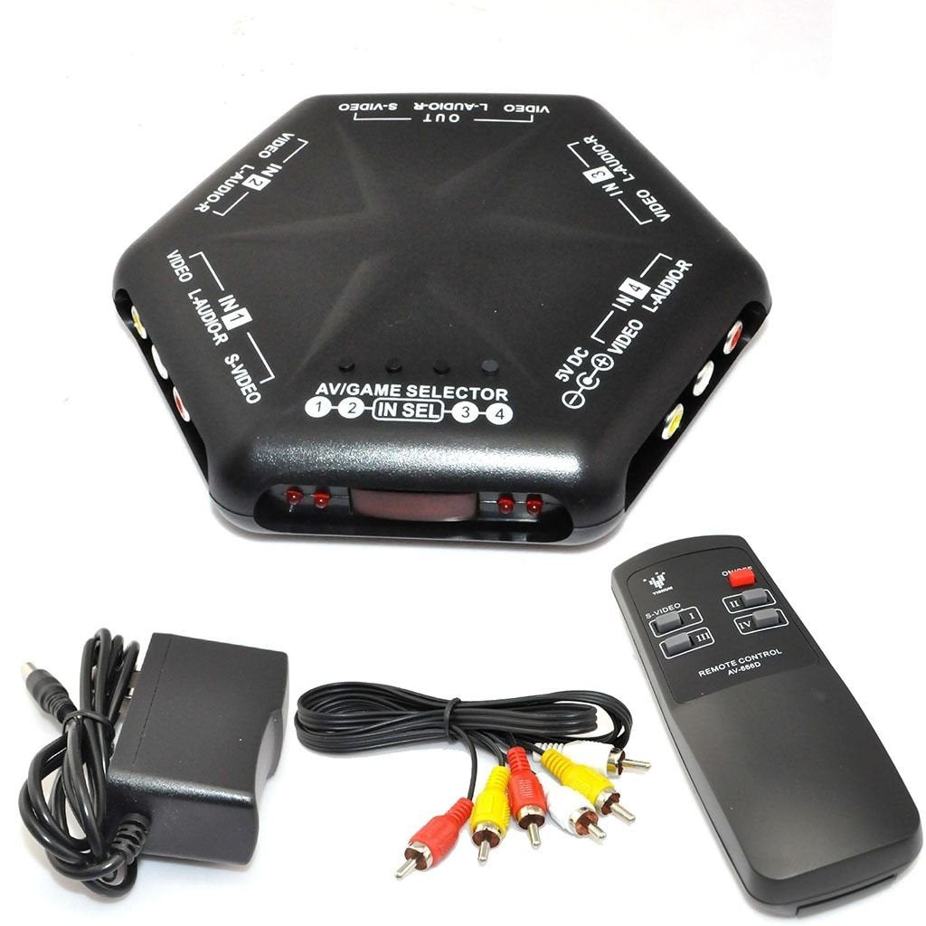  [AUSTRALIA] - iKKEGOL 5 Ways 4 Port in 1 Out Video Audio S-Video Game AV Switch Box Selector with Remote Control Av-666d Black