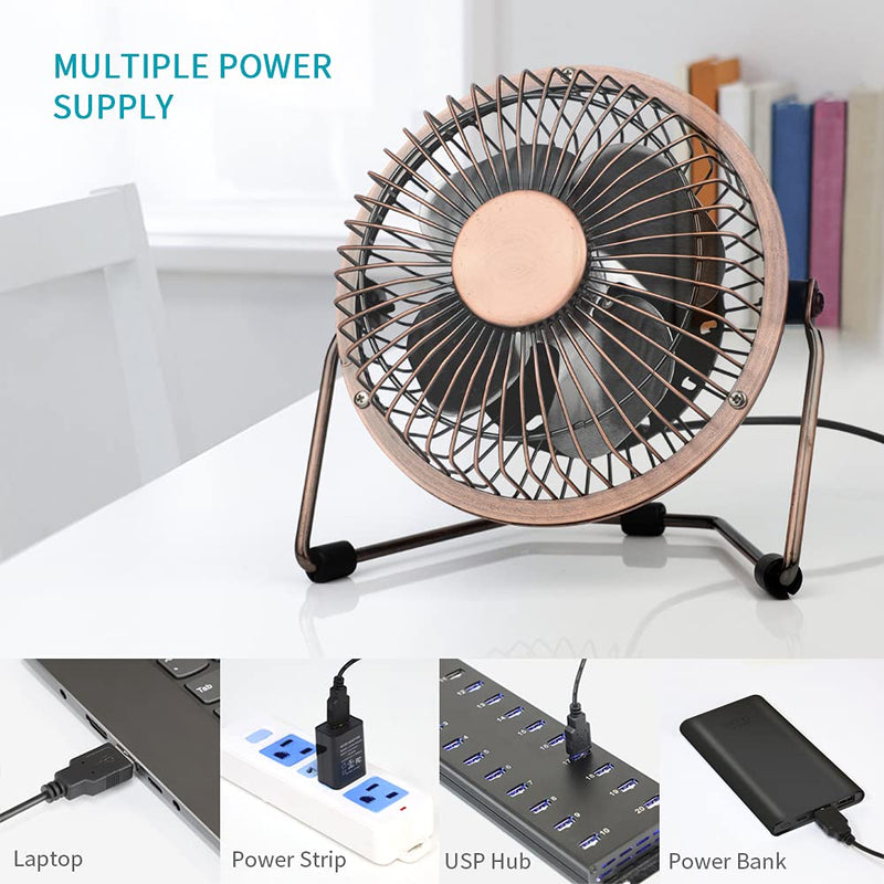  [AUSTRALIA] - 4 Inch Small USB Desk Fan, Mini Quiet Fan with Metal Construction & Strong Airflow & 360°Adjustable Tilt Angle, Personal Cooling Fan for Desktop Office (Bronze) Bronze