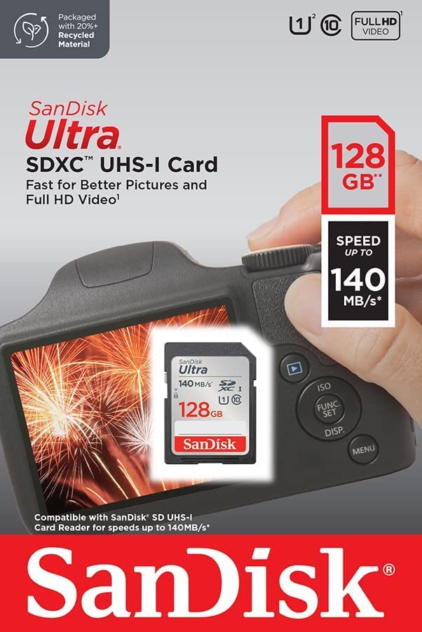  [AUSTRALIA] - SanDisk 128GB Ultra SD Memory Card Works with Sony EOS R100 and Fujifilm X-S20 Mirrorless Cameras (SDSDUNB-128G-GN6IN) U1 C10 Bundle with (1) Everything But Stromboli 3.0 Micro & SDXC Card Reader